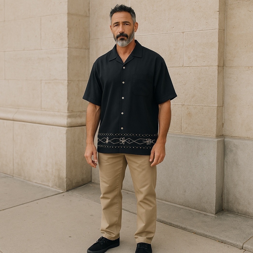 The Havanera Co Black Casual Button Down Shirt with Decorative Hem